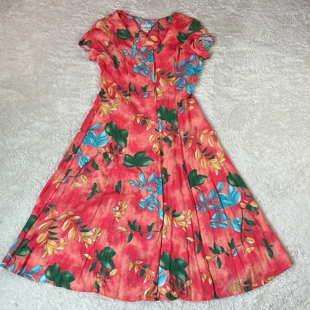 Vintage Coral Floral Midi Dress with Blue and Green Flower Print